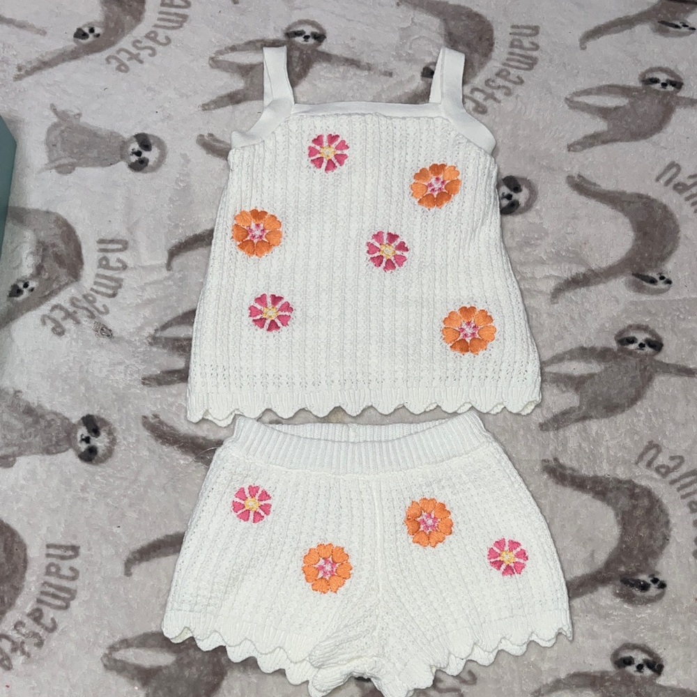 C&C California Kids White Knit Set with Pink and Orange Floral Accents.